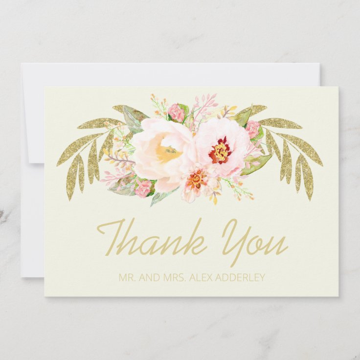 Elegant Pink Floral Gold Leaves Wedding Thank You | Zazzle