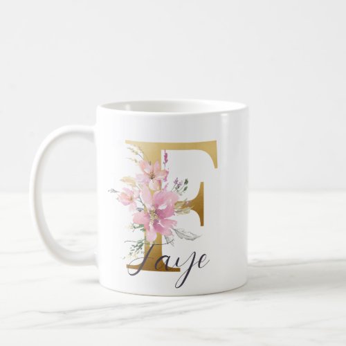 Elegant Pink Floral Gold Letter Monogram F Coffee Mug