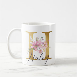 Elegant Pink Floral Gold Letter Monogram H Coffee Mug