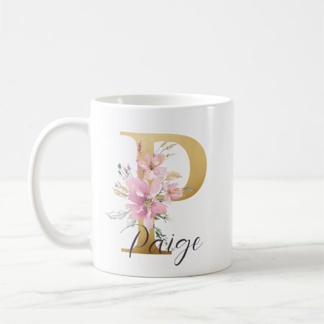 Elegant Pink Floral Gold Letter Monogram P Coffee Mug (Left)