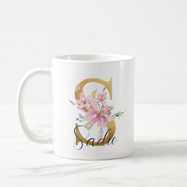 Elegant Pink Floral Gold Letter Monogram S Coffee Mug (Left)