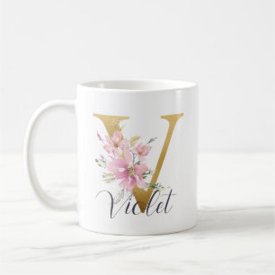 Elegant Pink Floral Gold Letter Monogram V Coffee Mug