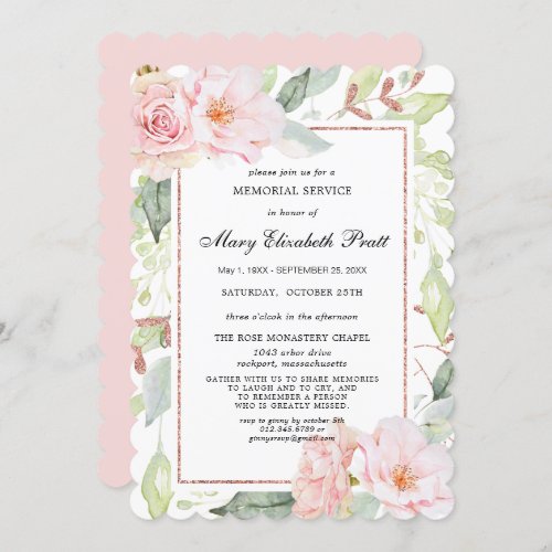 Elegant Pink Floral Gold Memorial Service Invitati Invitation