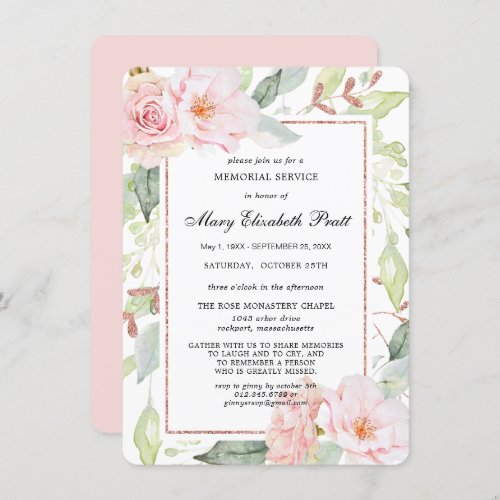 Elegant Pink Floral Gold Memorial Service Invitati Invitation