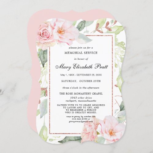 Elegant Pink Floral Gold Memorial Service Invitati Invitation
