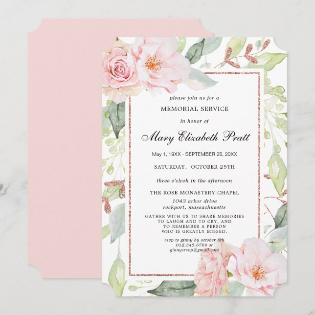 Elegant Pink Floral Gold Memorial Service Invitati Invitation (Front/Back)