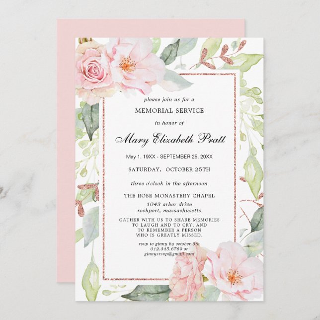 Elegant Pink Floral Gold Memorial Service Invitation (Front/Back)