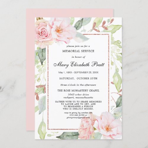 Elegant Pink Floral Gold Memorial Service Invitation