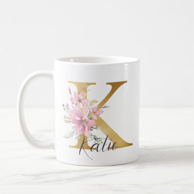 Elegant Pink Floral Gold Monogram Letter K Coffee Mug (Left)