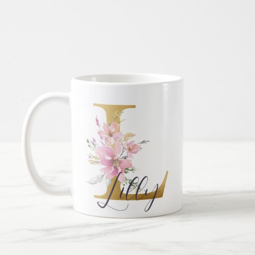 Elegant Pink Floral Gold Monogram Letter L Coffee Mug