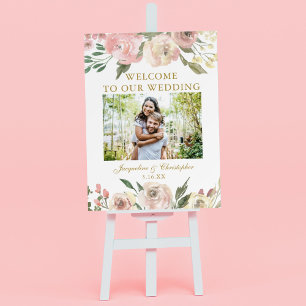 Elegant Pink Floral Gold Photo Wedding Welcome Foam Board