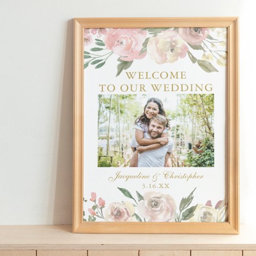 Elegant Pink Floral Gold Photo Wedding Welcome Poster