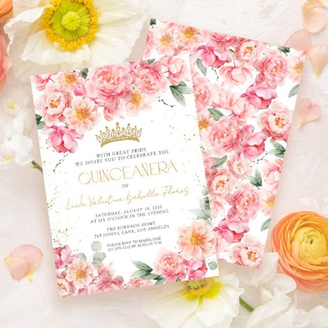 Elegant Pink Floral Gold Quinceañera Invitation (Creator Uploaded)