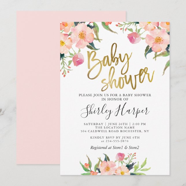 Elegant Pink Floral Gold Script Baby Shower Invitation (Front/Back)
