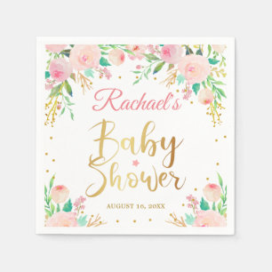Elegant Pink Floral Gold Script Baby Shower Paper Napkins