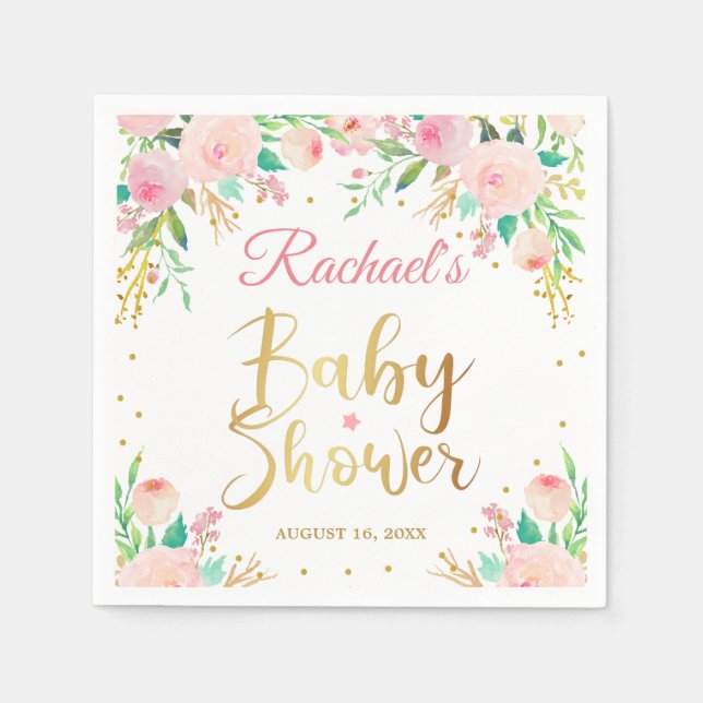 Elegant Pink Floral Gold Script Baby Shower Paper Napkins (Front)