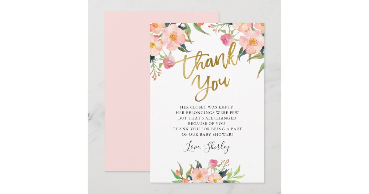 Elegant Pink Floral Gold Script Baby Shower Thank You Card | Zazzle
