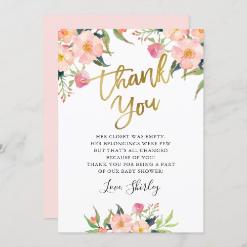 Elegant Pink Floral Gold Script Baby Shower Thank You Card