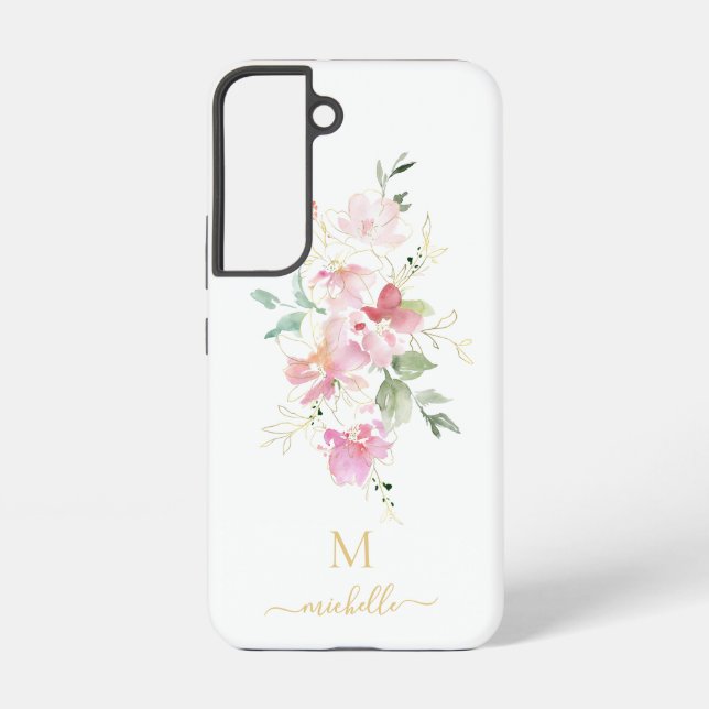 Elegant Pink Floral Gold Script Monogram Samsung Galaxy Case (Back)