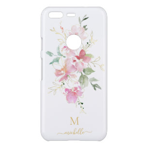Elegant Pink Floral Gold Script Monogram Uncommon Google Pixel Case