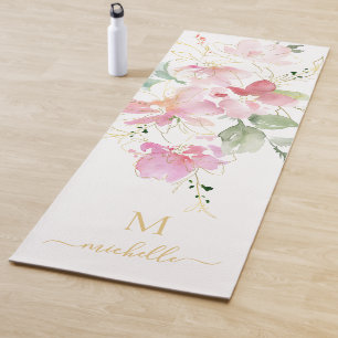 Elegant Pink Floral Gold Script Monogram Yoga Mat