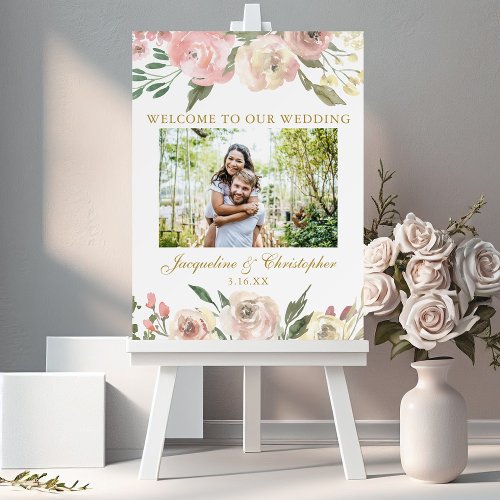 Elegant Pink Floral Gold Script Photo Wedding Foam Board