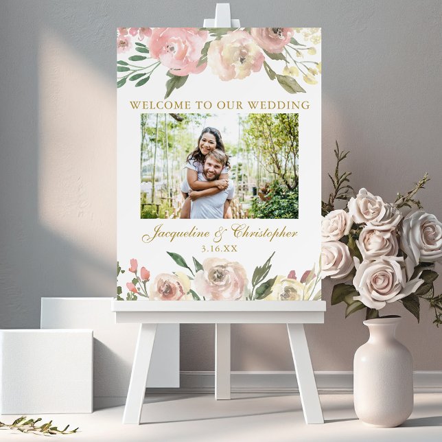 Elegant Pink Floral Gold Script Photo Wedding Foam Board (Creator Uploaded)