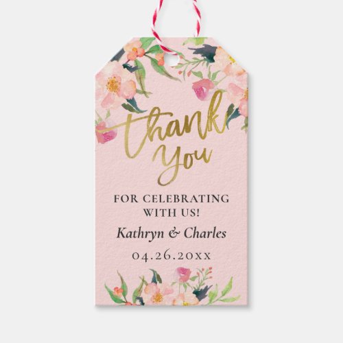 Elegant Pink Floral Gold Script Wedding Thank You Gift Tags