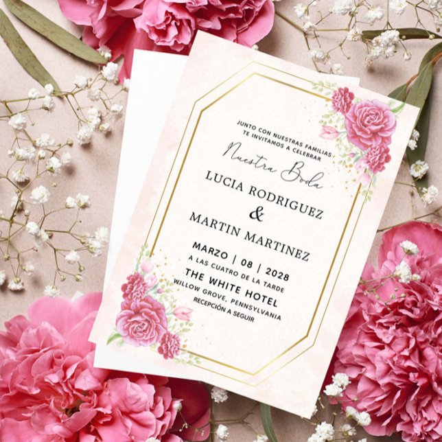 Elegant Pink Floral Gold Spanish Nuestra Boda Invitation (Creator Uploaded)