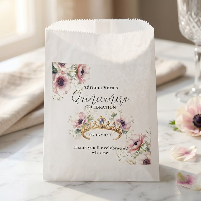 Elegant Pink Floral Gold Tiara Quinceañera Favor Bag (Creator Uploaded)