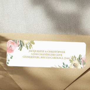 Elegant Pink Floral Gold Wedding Return Address Label