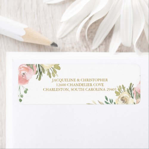 Elegant Pink Floral Gold Wedding Return Address Label
