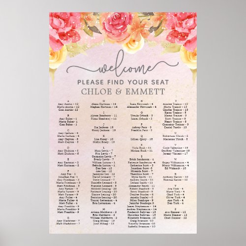 Elegant Pink Floral Gold Wedding Seating Chart