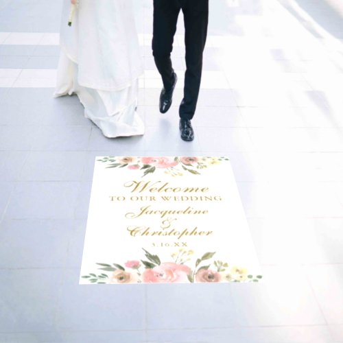 Elegant Pink Floral Gold Welcome to our Wedding Floor Decals