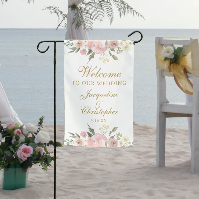 Elegant Pink Floral Gold Welcome to our Wedding Garden Flag (Creator Uploaded)