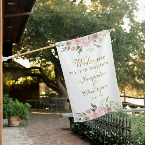 Elegant Pink Floral Gold Welcome to our Wedding House Flag