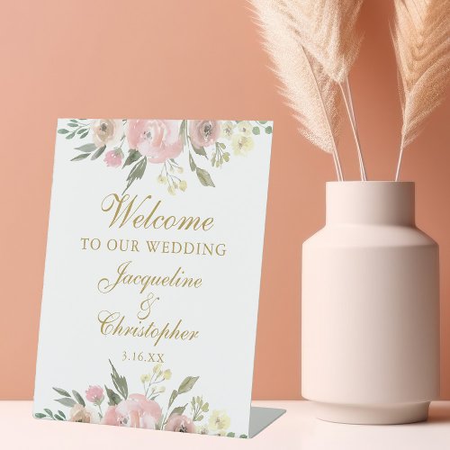 Elegant Pink Floral Gold Welcome to our Wedding Pedestal Sign
