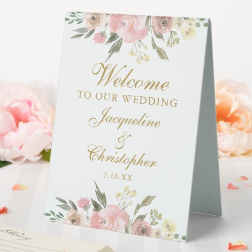 Elegant Pink Floral Gold Welcome to our Wedding Table Tent