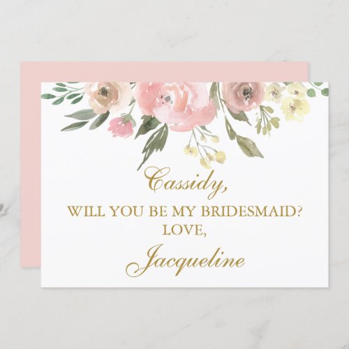 Elegant Pink Floral Gold Will You Be My Bridesmaid Invitation