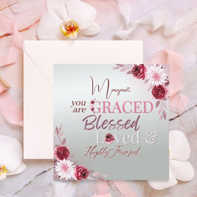 Elegant Pink Floral Graced Blessed Loved  Note Card (Creator Uploaded)