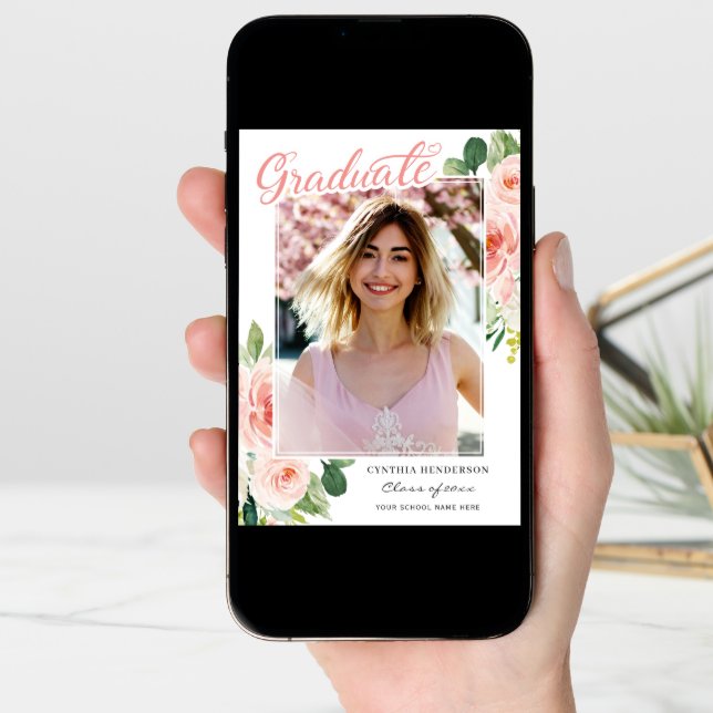 Elegant Pink Floral Graduate Photo Graduation Announcement (Front Digital)