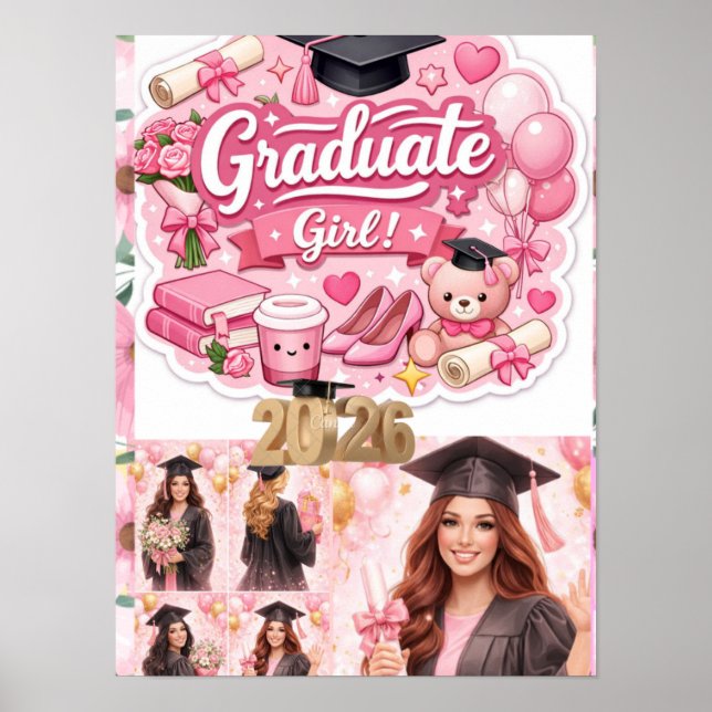 Elegant Pink Floral Graduation Party baner Poster (Front)