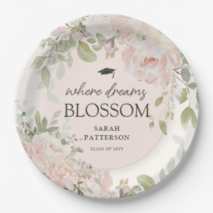 Elegant Pink Floral Graduation Party Paper Plates