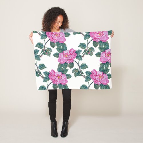 Elegant Pink Floral Green Vines Pattern  Fleece Blanket