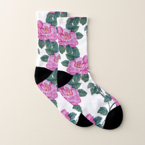 Elegant Pink Floral Green Vines Pattern  Socks