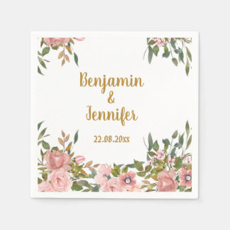 Elegant Pink Floral Greenery and gold Wedding Napkins