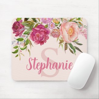Elegant Pink Floral Greenery Monogram Name Initial