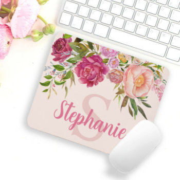 Elegant Pink Floral Greenery Monogram Name Initial Mouse Pad by ALittleSticky at Zazzle