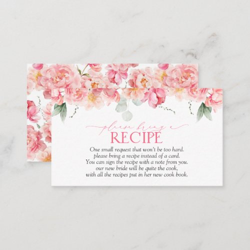 Elegant Pink Floral Greenery Please Bring A Recipe Enclosure Card