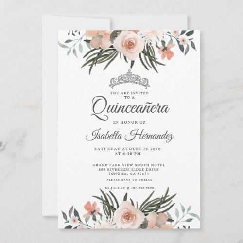 Elegant Pink Floral Greenery Quinceanera Invitatio Invitation